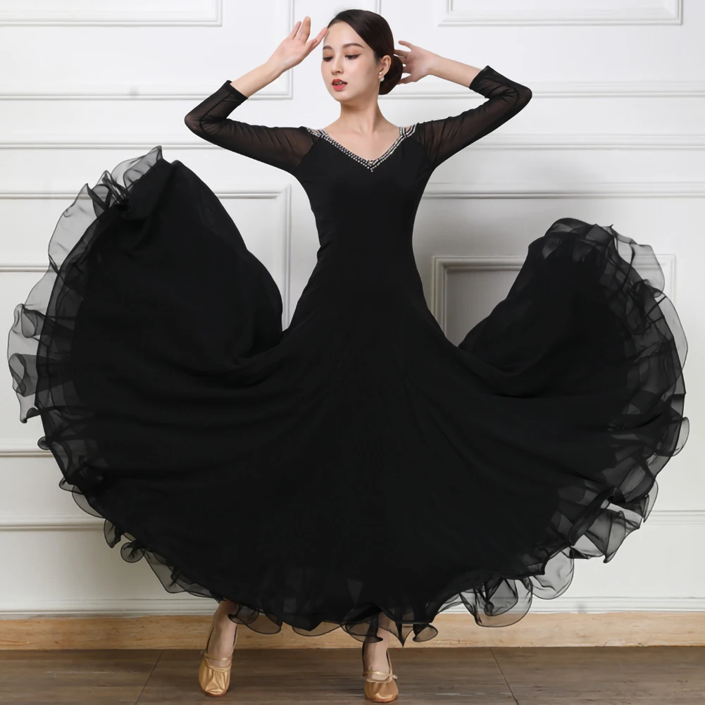 표준 댄스 드레스 경연 대회 검은 긴 소매 왈츠 드레스 고품질 대형 스커트 핑크 v 넥 볼룸