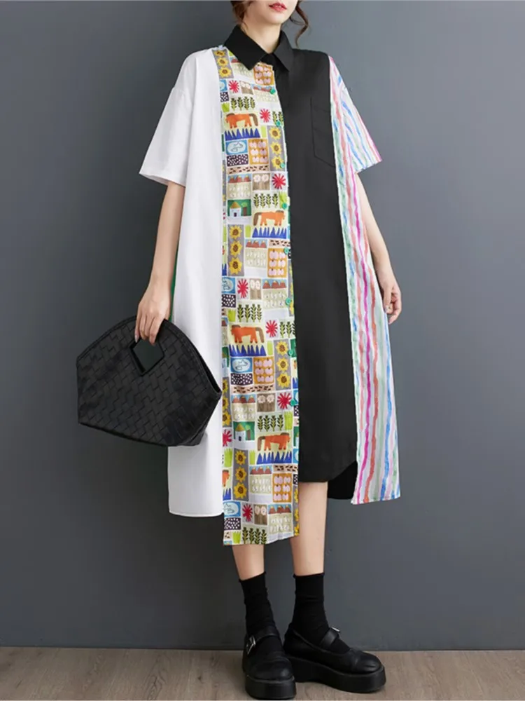 Oversized Summer Shirt Dress Women Irregular Print Patchwork Fashion Loose Ruffle Pleated Ladies Dresses Casual Woman Midi Dress