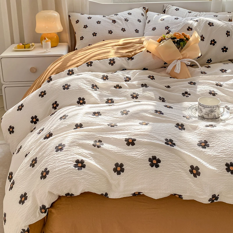 Simple Flowers Washed Cotton For Boys Girls Ins Korean Style with Flat Sheet Pillowcase No filler Queen Double Home Bed Linens