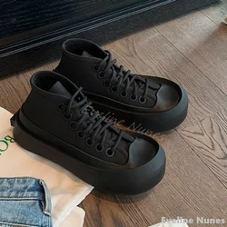 Thick-soled High-top Canvas Shoes Women Round Toe Cross Strap Lace Up Casual Shoes 2025 Spring New Breathable Versatile Shoes