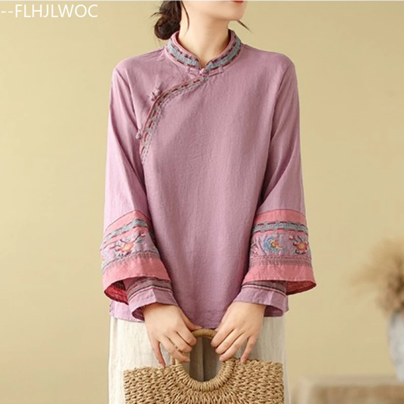コットンリネン刺繍トップス中国風チーパオスタンドカラーデザイン 2025 秋の女性のかわいいエレガントなレトロシャツブラウスヴィンテージ