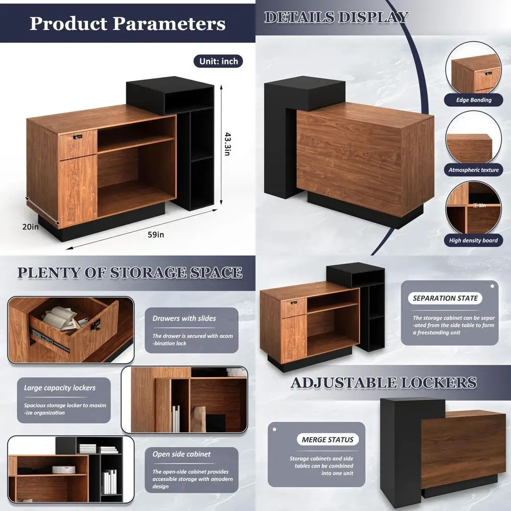

59 L-Shaped Office Desk with Lockable Drawer and Adjustable Shelves, Ideal for Small Business and Beauty Salons - Espresso Black