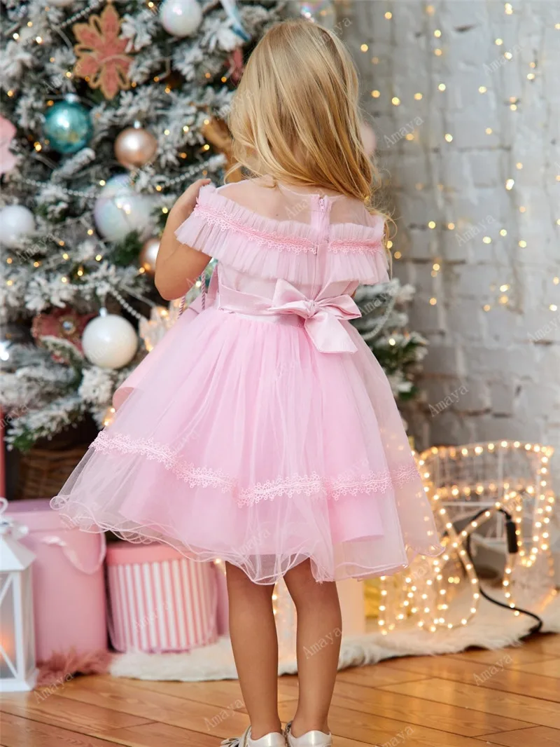 Beloving Pink Tulle Flower Girl Dresses Princess Sleeveless Bow Belt Holy Communion Pageant Gown Kids Prom Dress Vestidos Niña