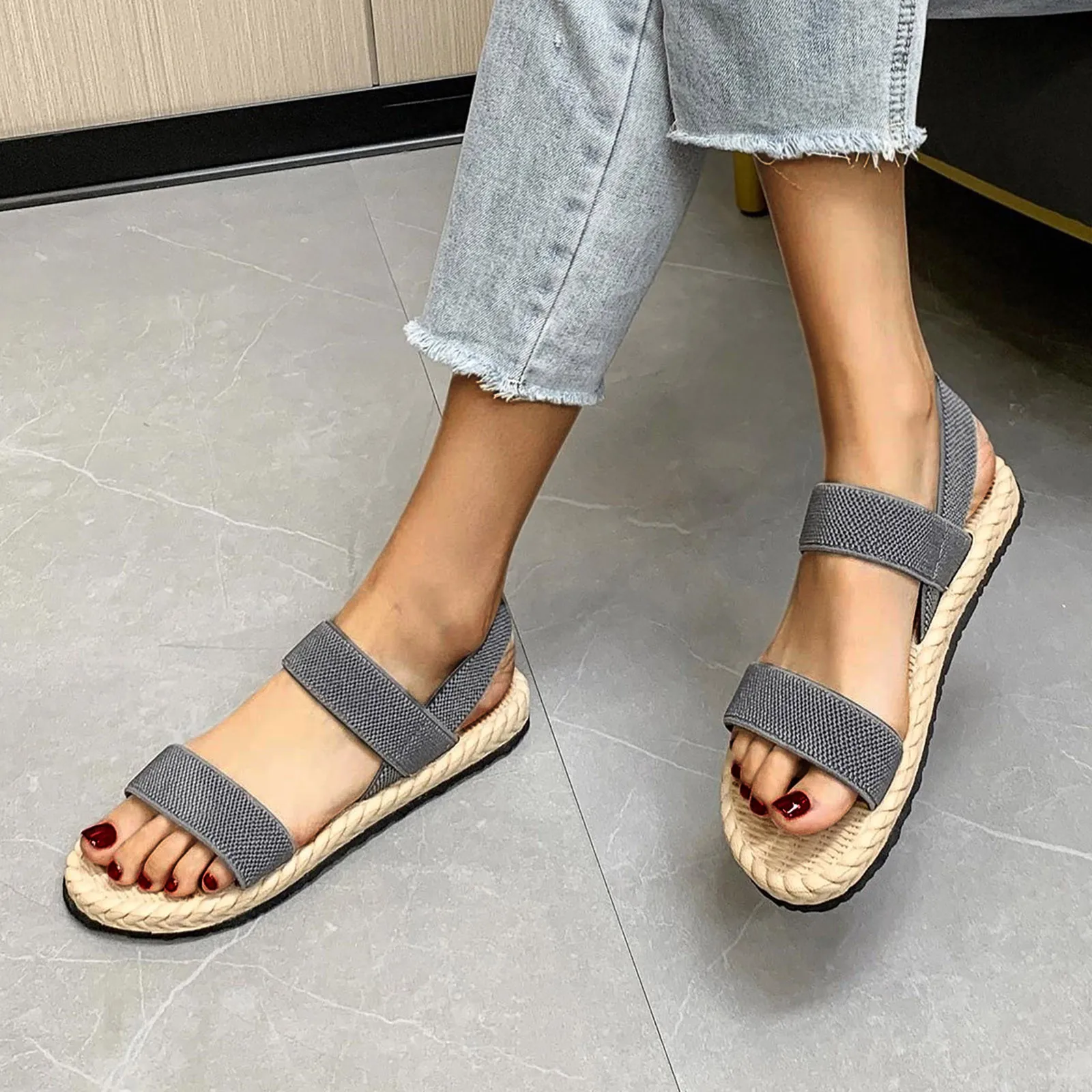 Summer Simple Sandals Solid Color Elastic Strap Open Toe Flat Bottom Outside Straw Linen Roman Shoes Plus Size Women\'s Sandals