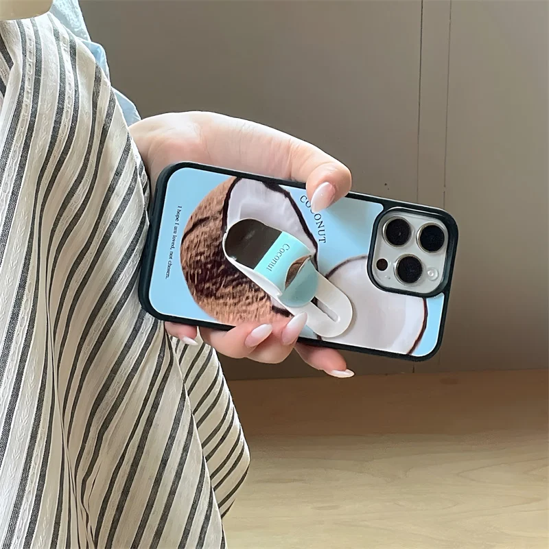 Fashion Cute Coconut Phone Case For iPhone 16 Pro 15 14 13 Pro Max Cover with Woundplast Stand Holder Cases for Apple 16Pro Capa