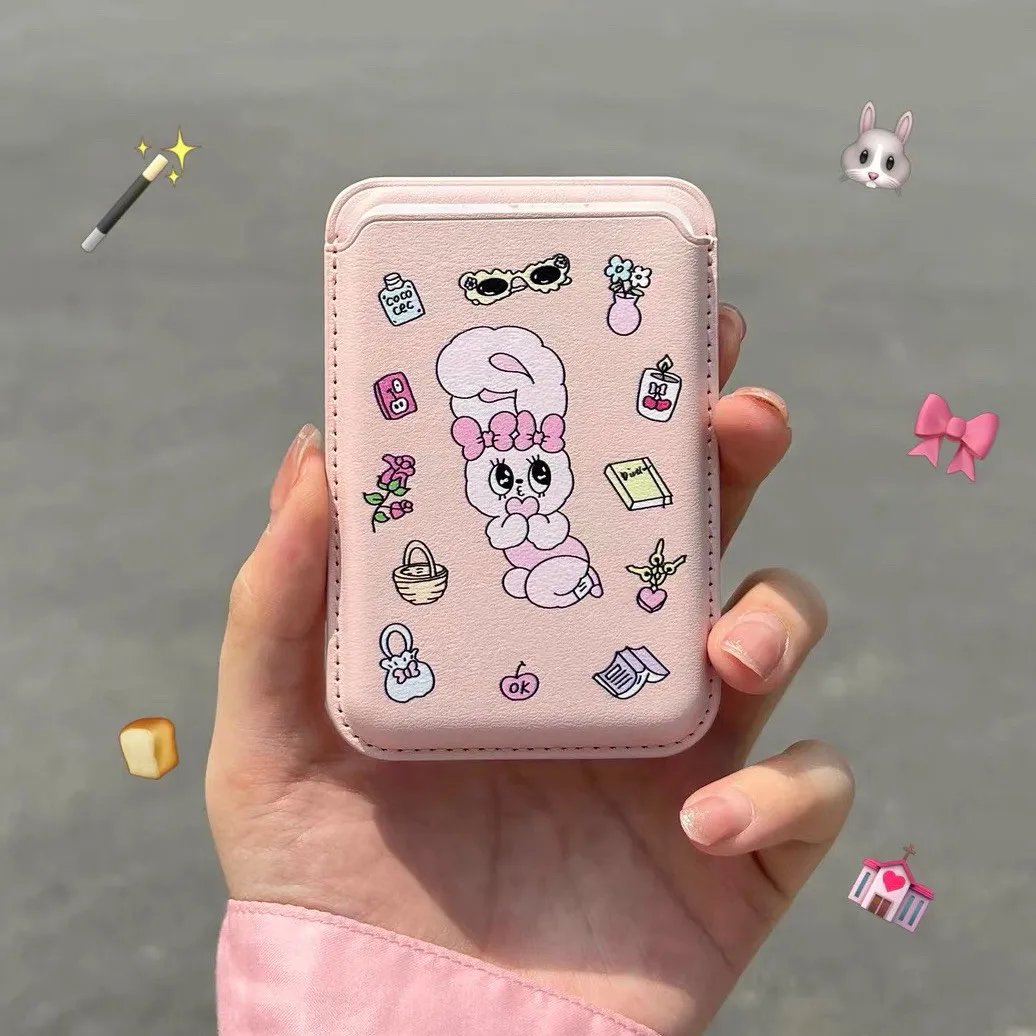 Grey Pink Rabbit for Magsafe Card Holder for iPhone XIAOMI Samsung Phone Case Leather Card Cover ID Subway Card Slot Accessories