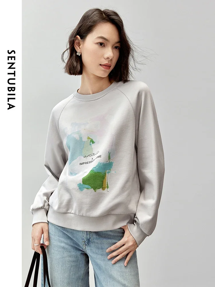 

SENTUBILA Knit Sweatshirt for Women 2025 Autumn Round Neck Letter Print Sports Top Casual Loose Fit Women's Clothes143A56705