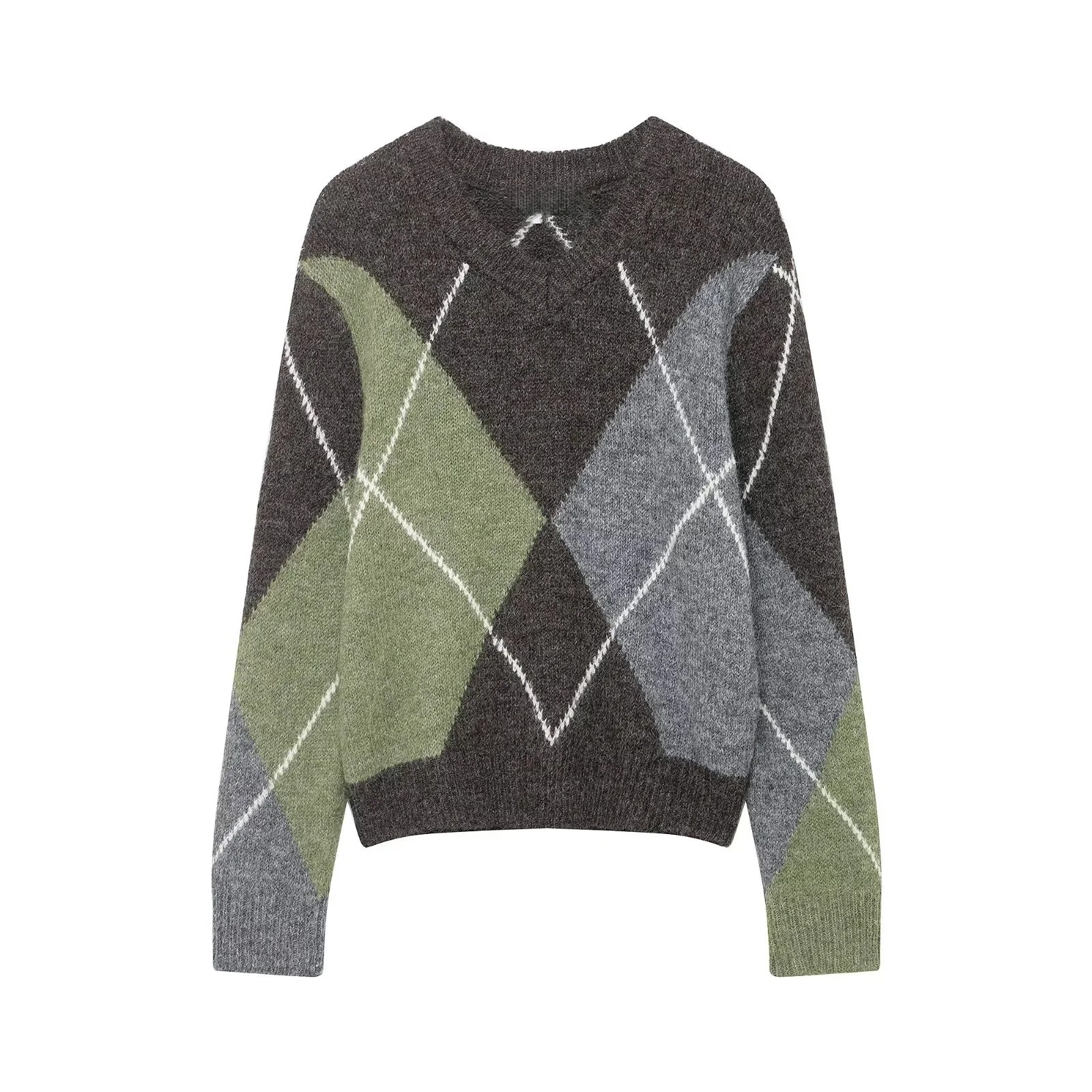 2025 Winter New Women's Sweet, Fashionable, Versatile Color-Blocked Long-Sleeved V-Neck Diamond Pattern Knit Sweater