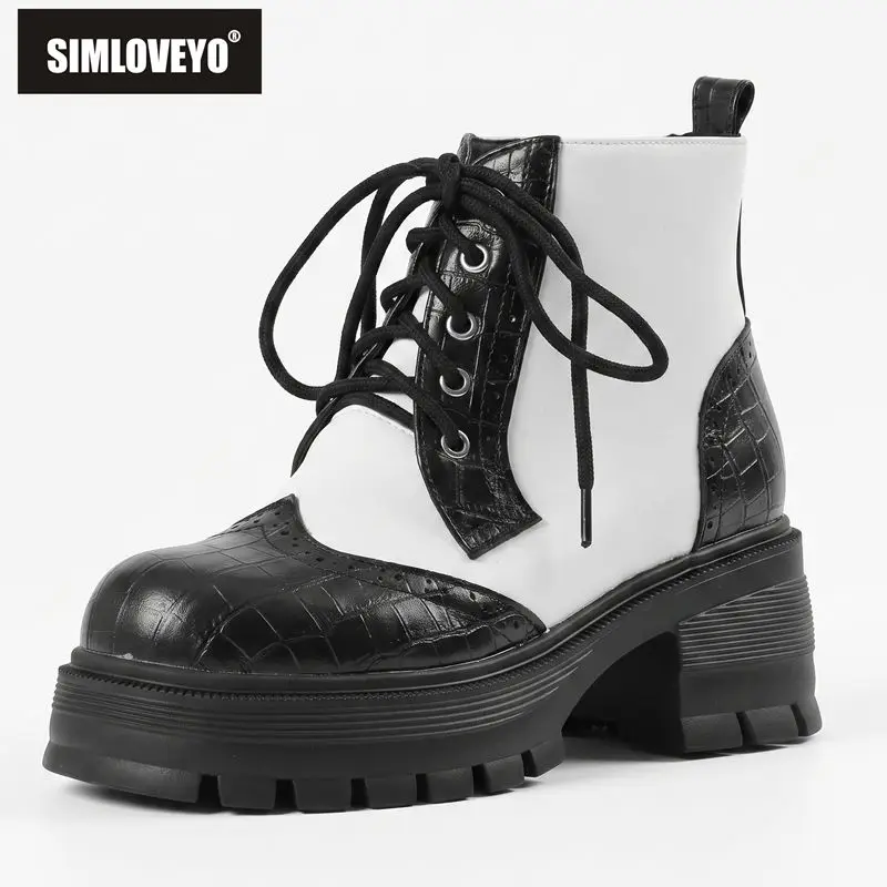 SIMLOVEYO Ladies Ankle Boots Round Toe 6cm Chunky Heel 35mm Platform Lacing Colorful Large Size 41 42 43 Casual Botas Comfort