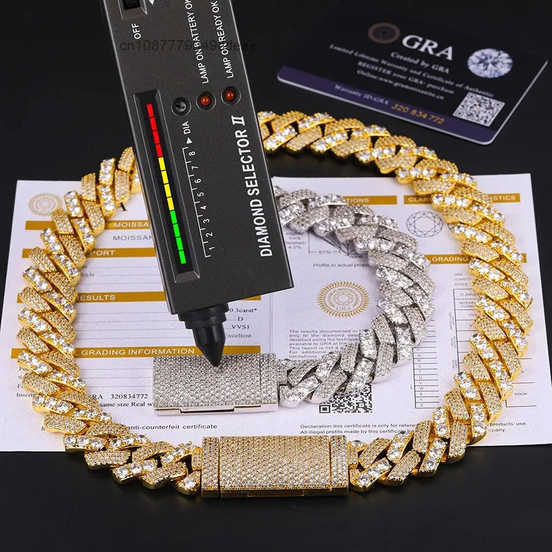 Service OEM/ODM Hip Hop Jewelry Custom 18mm 925 Silver VVS Moissanite Diamond Iced Out Cuban Link Chain Necklace..
