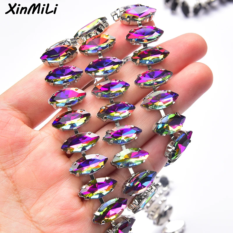 1 Meter Fashion Colorful Horse Eye Glass Rhinestone Metal Trim Marquise Crystal Chain Diy Necklace Clothes Applique Accessories