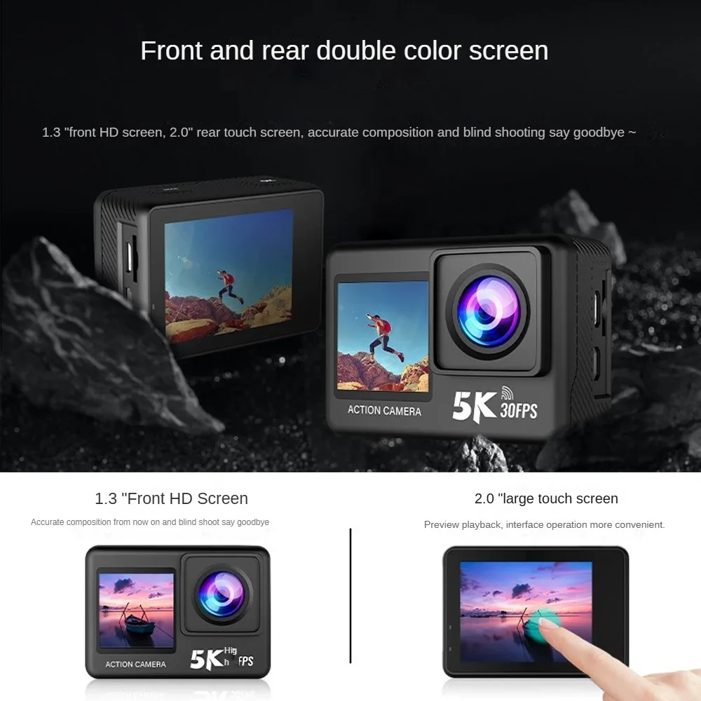 NCZOBOE  5K Action Camera 4K60FPS 2.0 Inch Touch Screen WiFi Camera 170° Wide Angle 30M Waterproof Video Recording 5X Zoom