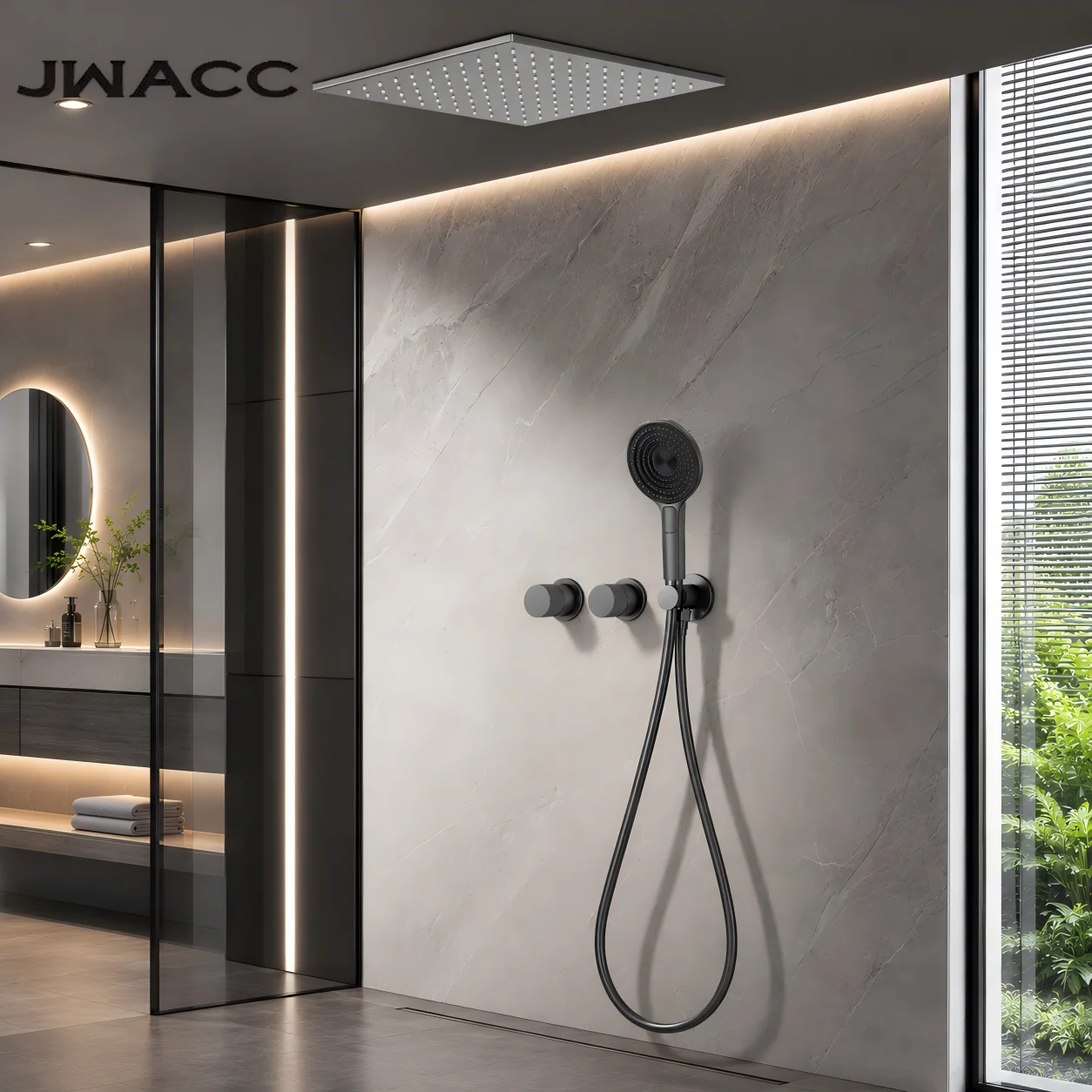Minimalist Gun Grey Brass Ceiling Mount Shower System Hidden Embedded Rainfall Dual Function Hot Cold Water Bathroom Mixer Tap