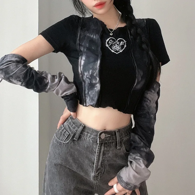 Y2k Gothic Print Brown Corset Tops Vintage Crop Top T Shirt Harajuku Grunge with Glove Fashion T-Shirt Women Summer Tshirt Camis