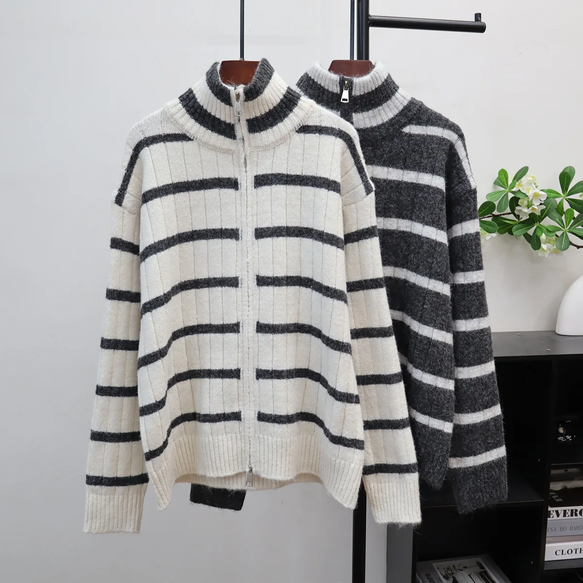 

Women Stripe Cardigan Sweaters Knitted Jumpers Stand Collar Long Sleeves Double Zipper Loose Fit Casual 2025 Autumn Winter