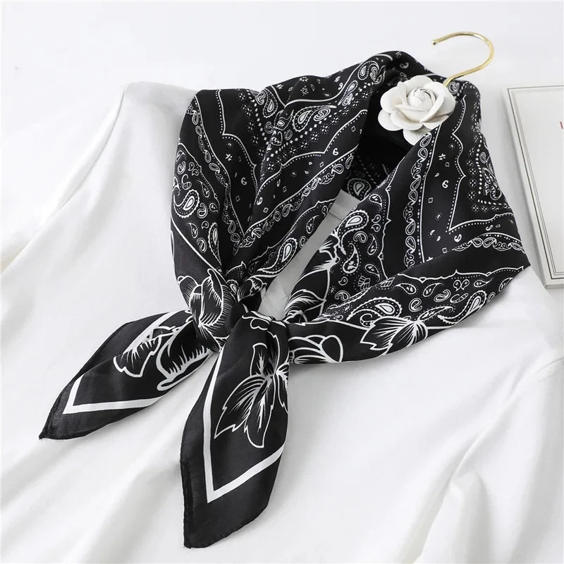 Luxury 2024 Floral Print Square Silk Scarf for Women Hijab Hair Bands 70cm Neckerchief Female Satin Shawl Ribbon Headband