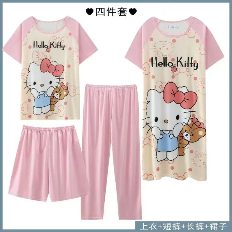 

Multi Style Four Piece Pajamas Cute Cartoon Hello Kitty Short Sleeved Pants Shorts Nightgown Home Wear