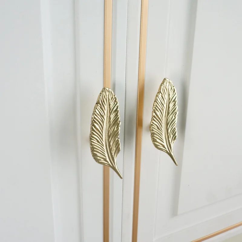 4PCS Pure Brass Feather Designed Furniture Handles Drawer Pulls Cupboard Wardrobe Closet Dresser TV Cabinet Pulls Decorations