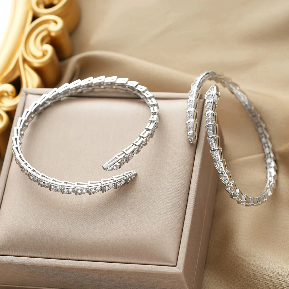 Fashion Snake Bone Bamboo Inlaid Zirconia Open Bracelet Women Gold Copper Metal Couple Holiday Gift Bracelet Party Daily Jewelry image 4