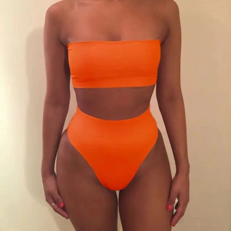 Women's Strapless Tube Top Bikini Set High Cut High Waist Two Piece Swimwear Summer Beach Bathing Suit