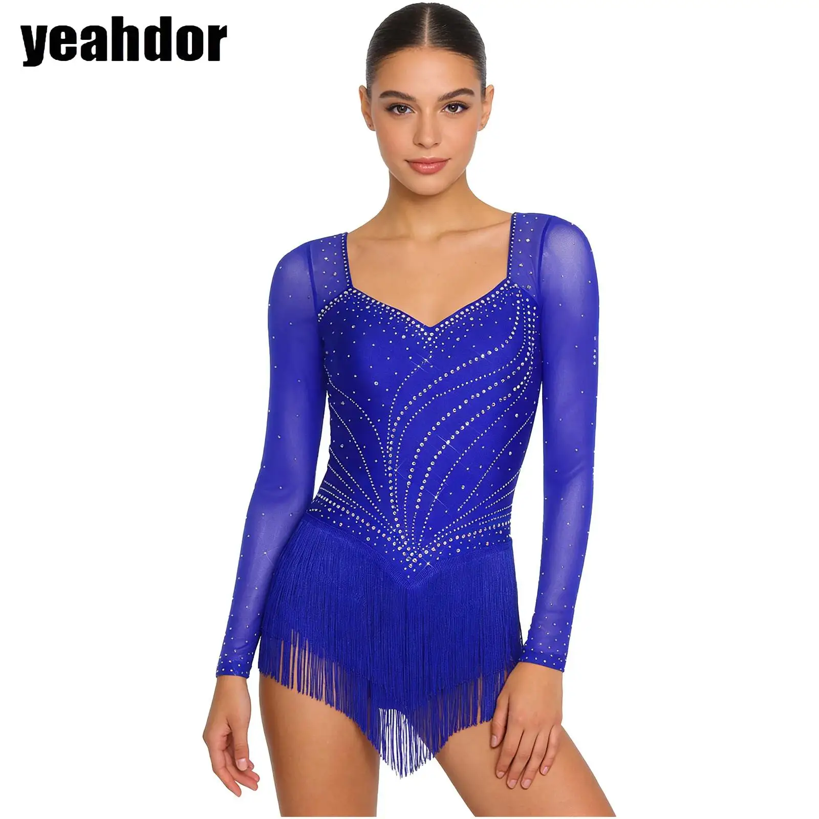 

Женское платье-боди для латиноамериканских танцев, фигурного катания, танго, румбы, самбы, бальных танцев, с длинными рукавами из сетки, стразами и бахромой