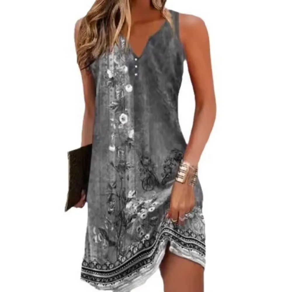 Fashion Summer Women's Dresses V Neck Sleeveless Vacation Dresses Casual Loose Bohemian Dresses Beach