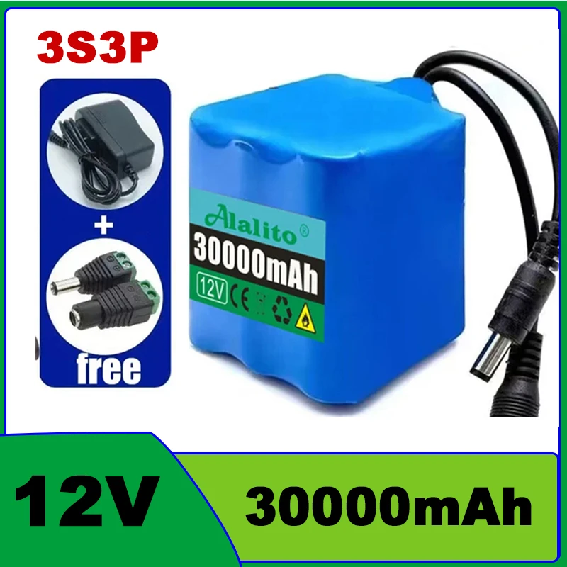 12V 30Ah 3s3p battery pack 18650 lithium ion 12V 20Ah-50Ah DC12.6V super large capacity rechargeable battery with BMS + charger