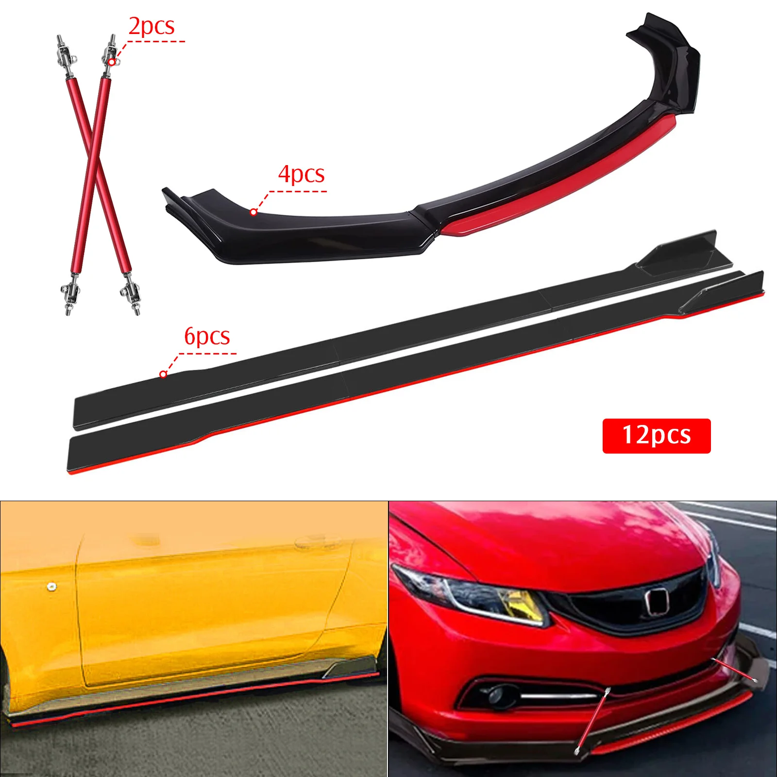 

4PCS Universal Car Front Bumper Lip Body Lip Splitter 2Pcs 200mm Front Bumper Lip Splitter Rod Support Bars 6pcs 2m Side Skirts