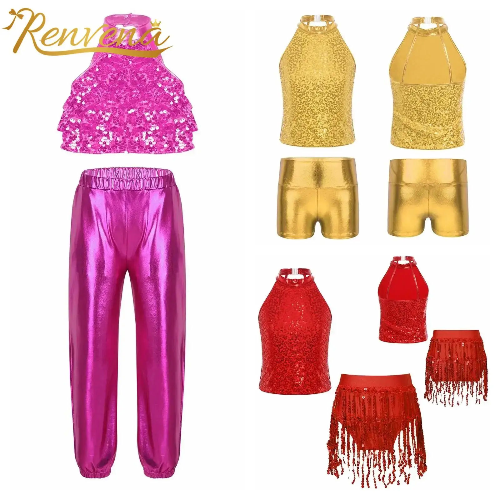 Kids Glittery Performance Clothing Girls Metallic Dancewear Set Children Jazz Dance Costume Outfits Sequins Hip Hop Clothes Sets
