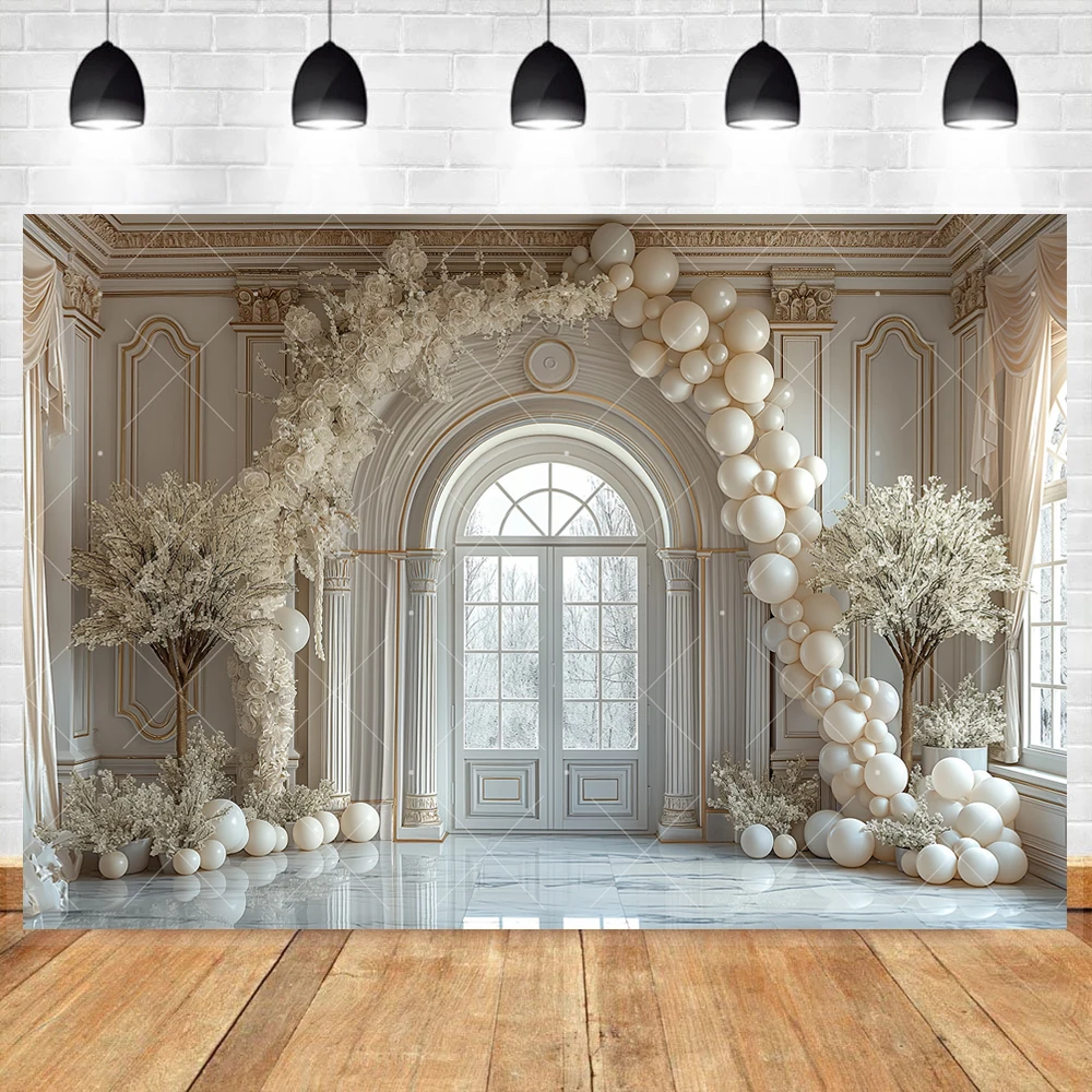 White Balloon Arch Background Custom Palace Window Floral Adult Birthday Party Banner Bride Wedding Photography Backdrop Decor