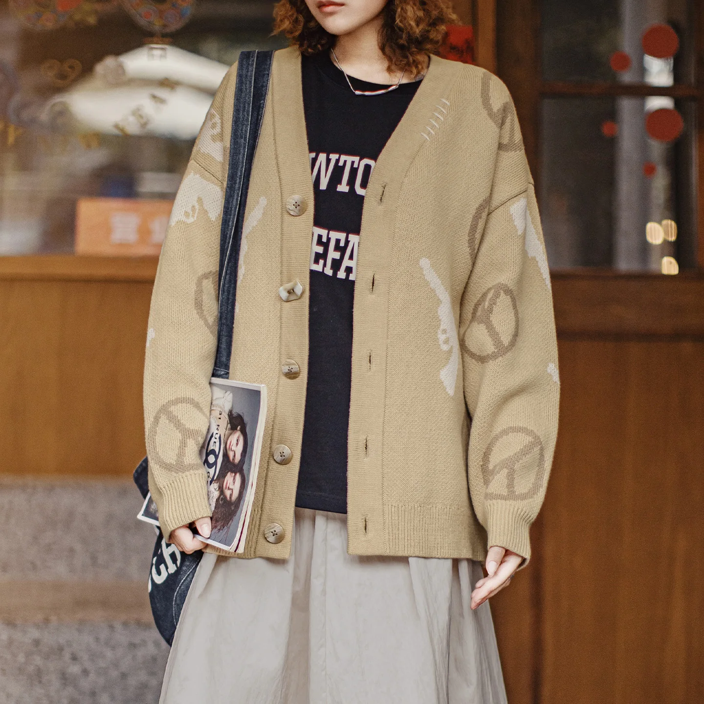 

Maden Винтажный кардиган женский с V-образным вырезом, свободный жаккардовый свитер пальто, осень-зима, хаки