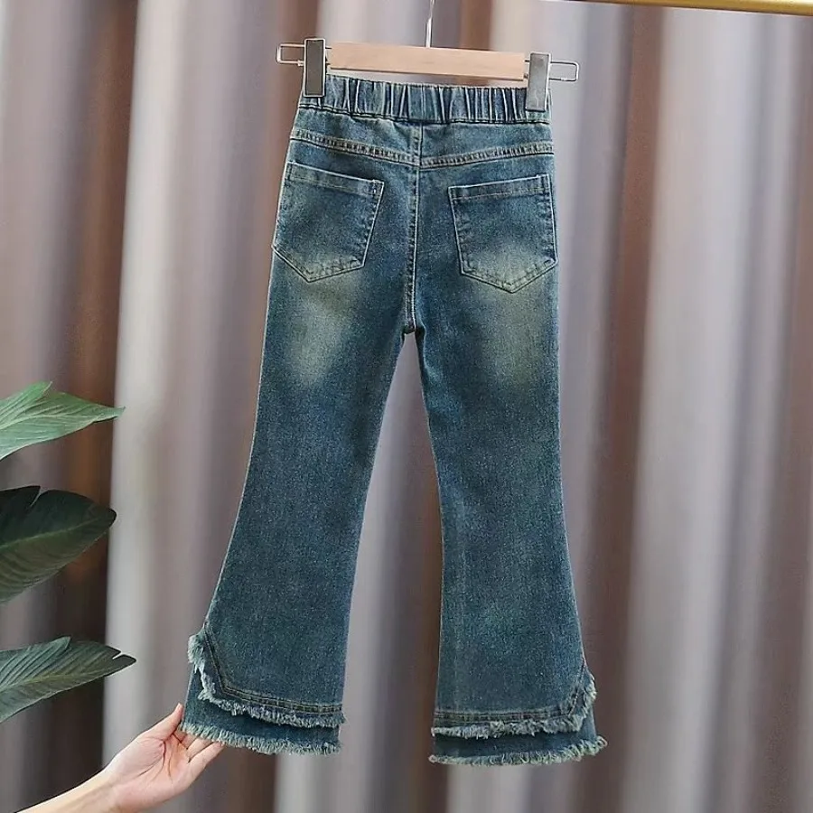 Girls Flare Jeans Autumn Winter 2026 Frayed Hem Stretch Denim Pants Kids Fashion Trousers