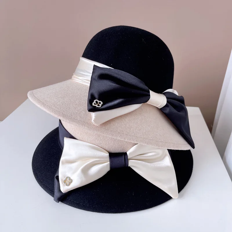 High quality small fragrance match color wool fisherman hat Fashion elegant satin with big bow top hat women's banquet basin hat