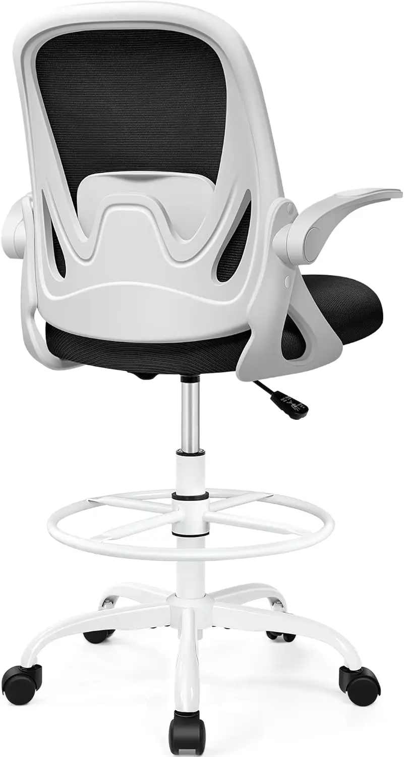 

Tall Office Chair, Flip-up Armrests, Adjustable Height, Enhanced Lumbar Support, Ergonomic Stool, Foot Rest Ring, White