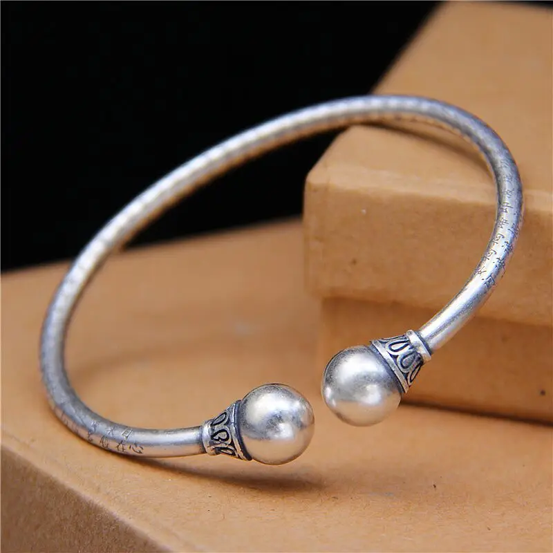 

Real S990 Sterling Silver Retro Wind Heart Sutra Safe Solid Open Round Bead Bracelet MeiBaPJ Exquisite Gitf Party Jewelry