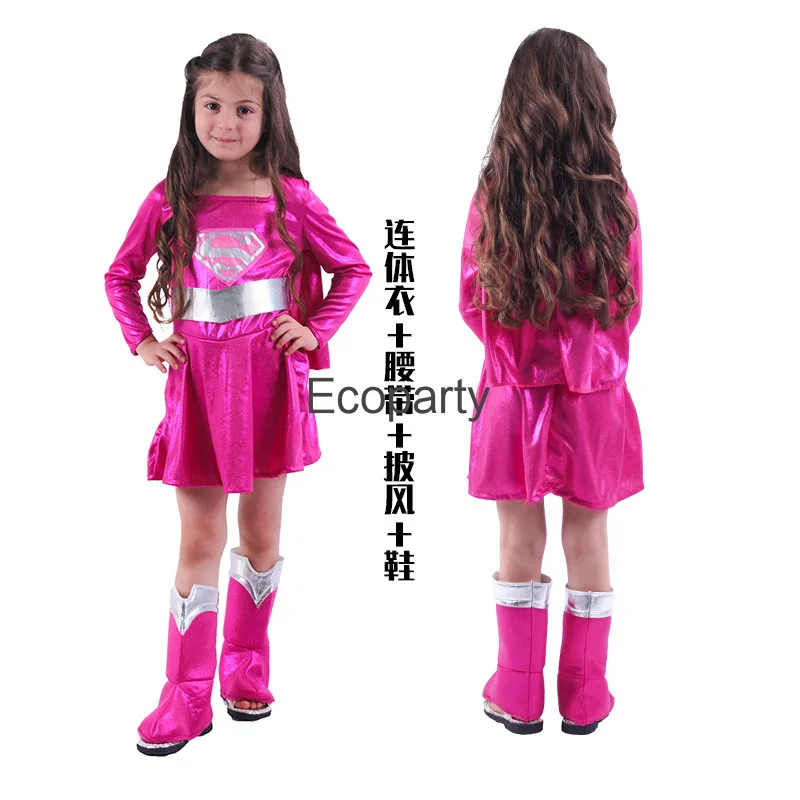 Neue Kinder Super Kleid rosa Super Mädchen Cosplay Kleider Kinder Halloween Karneval Party Superhelden Kostüme mit Schuh überzug Anzug