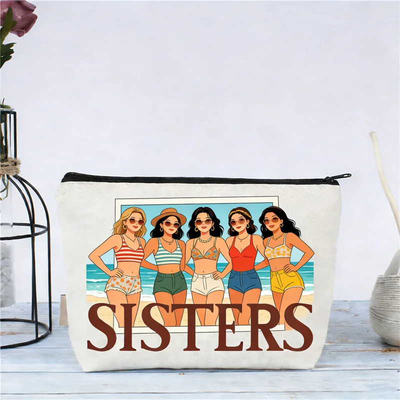Women Beach Sisters Cartoon Print Makeup Bag Zipper Cosmetic Pouch Portable Travel Toiletry Storage Organizer Gift Makeup Pouch