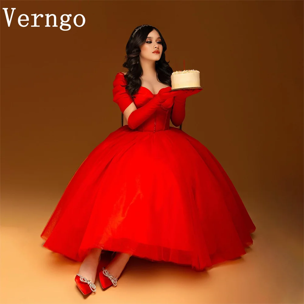 

Verngo Red Tulle Party Dress Sweetheart Puff Sleeves Prom Gowns For Women Simple A Line Birthday Dress Formal Occasion Dress