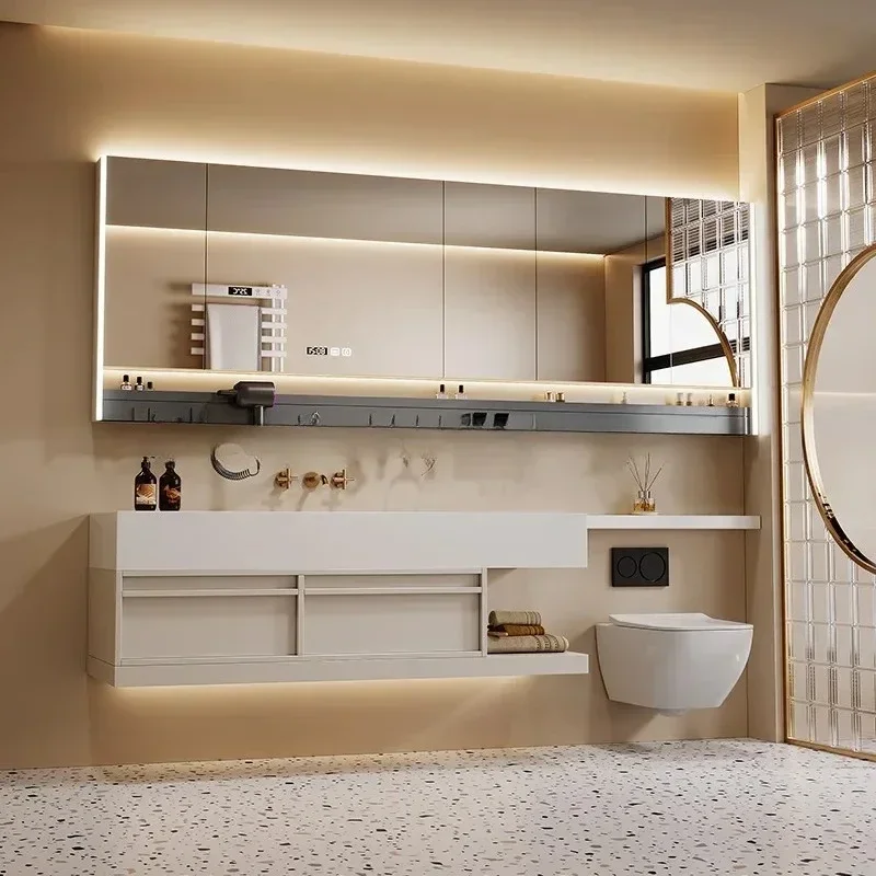 O9.7-- cream-colored sintered stone basin extended bathroom vanity set with washbasin
