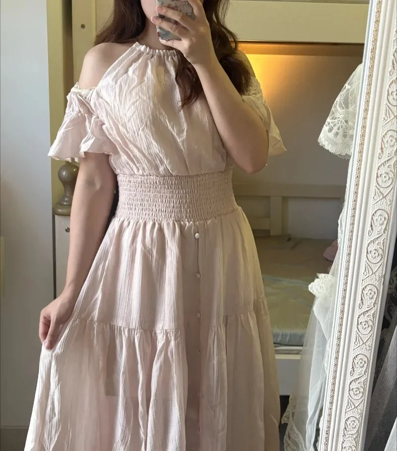 

o-neck off shoulder flare sleeve dress women solid sweet temperament high waist a-line robe japan style chic slim vestidos