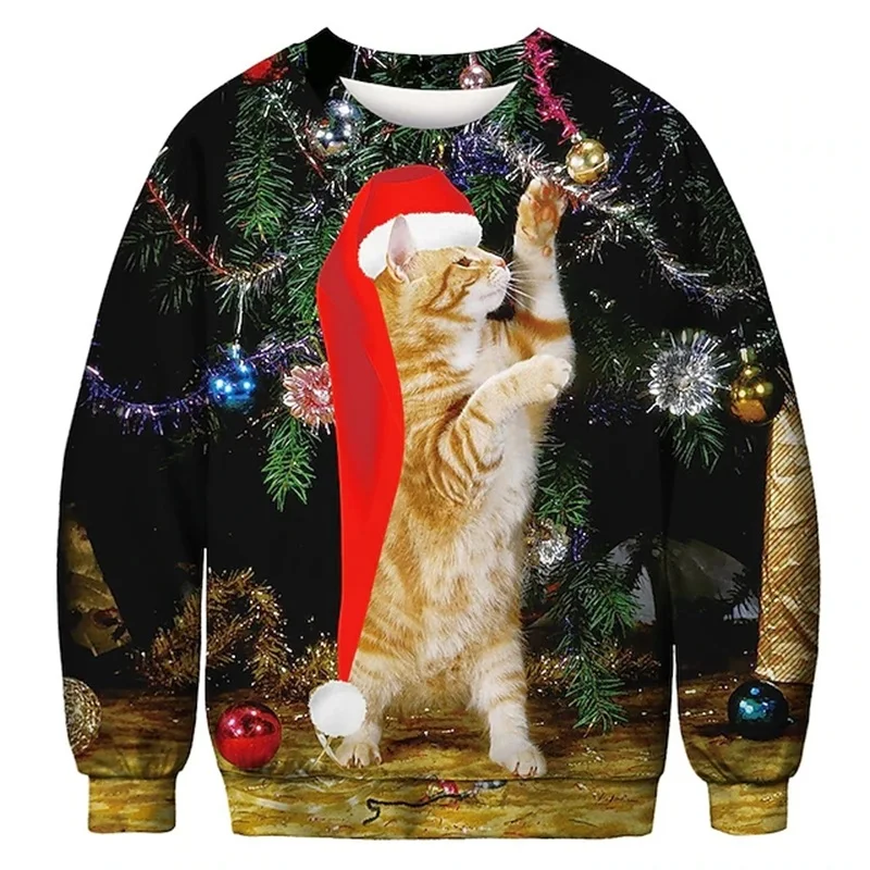 3D Print Funny Cat Christmas Sweatshirt For Men Women Holiday Party Pullover Hoodie Sweatshirt Jumpers Tops Mens Loose Tracksuit