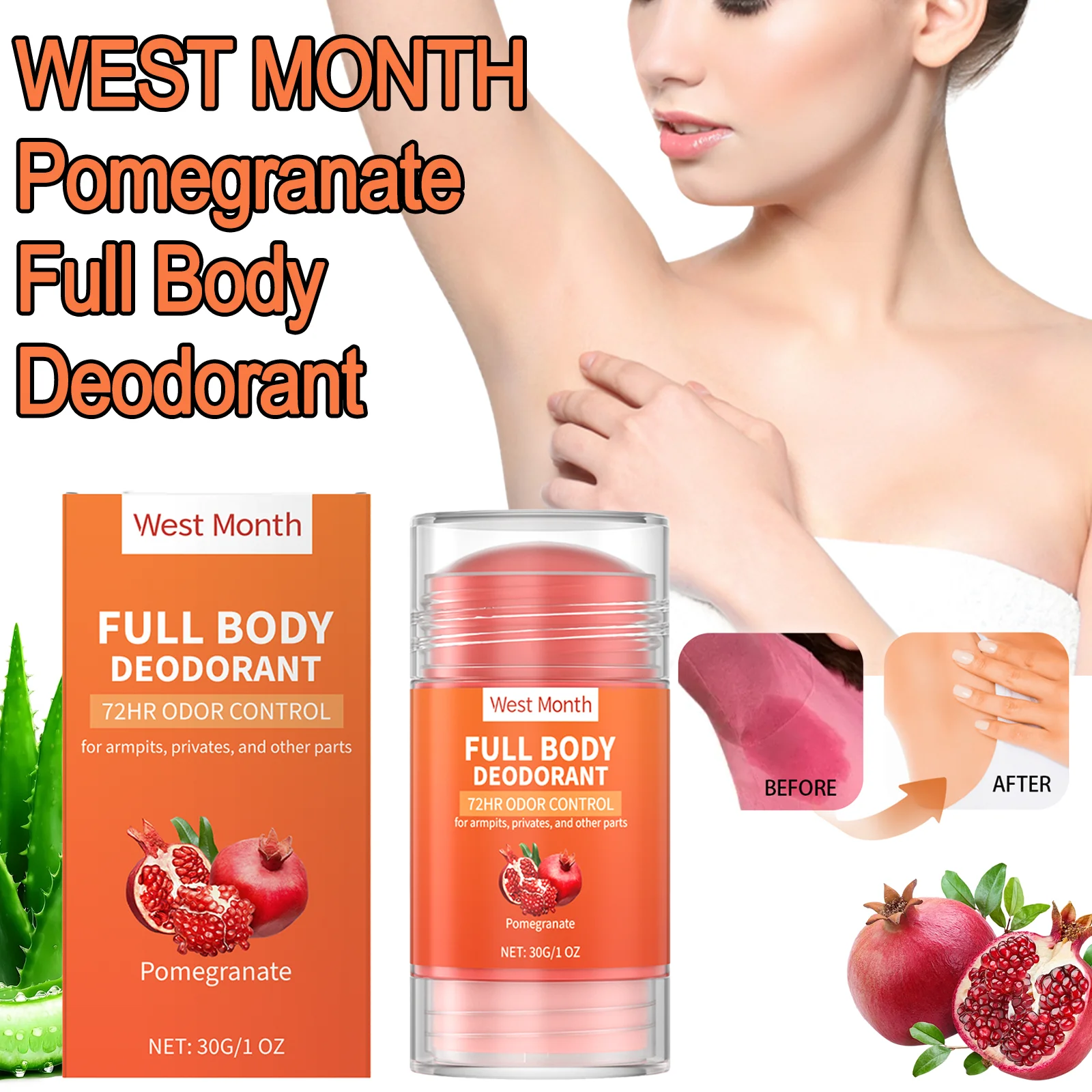 

WEST MONTH Pomegranate Full Body Deodorant Strong Deodorizing Power Pleasant Fragrance Gentle Skin-Friendly Non-Irritating 30g