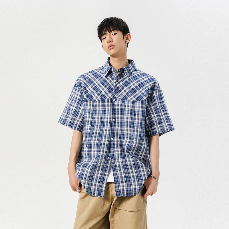 Men's Blue Checkered Cuban Collar Short Sleeve Shirt 2025 Summer Vintage Loose Fit Casual Streetwear Plaid Overshirt