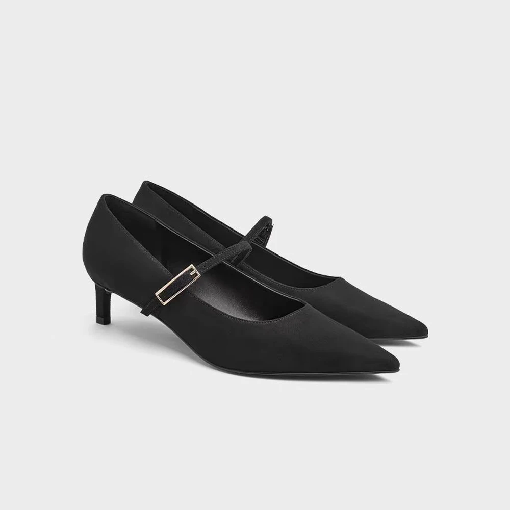 FWRD Women's Satin Pointed-Toe Mary Jane Kitten Heel Pumps with Buckle Strap, Elegant Office Party Shoes #FWRD000219