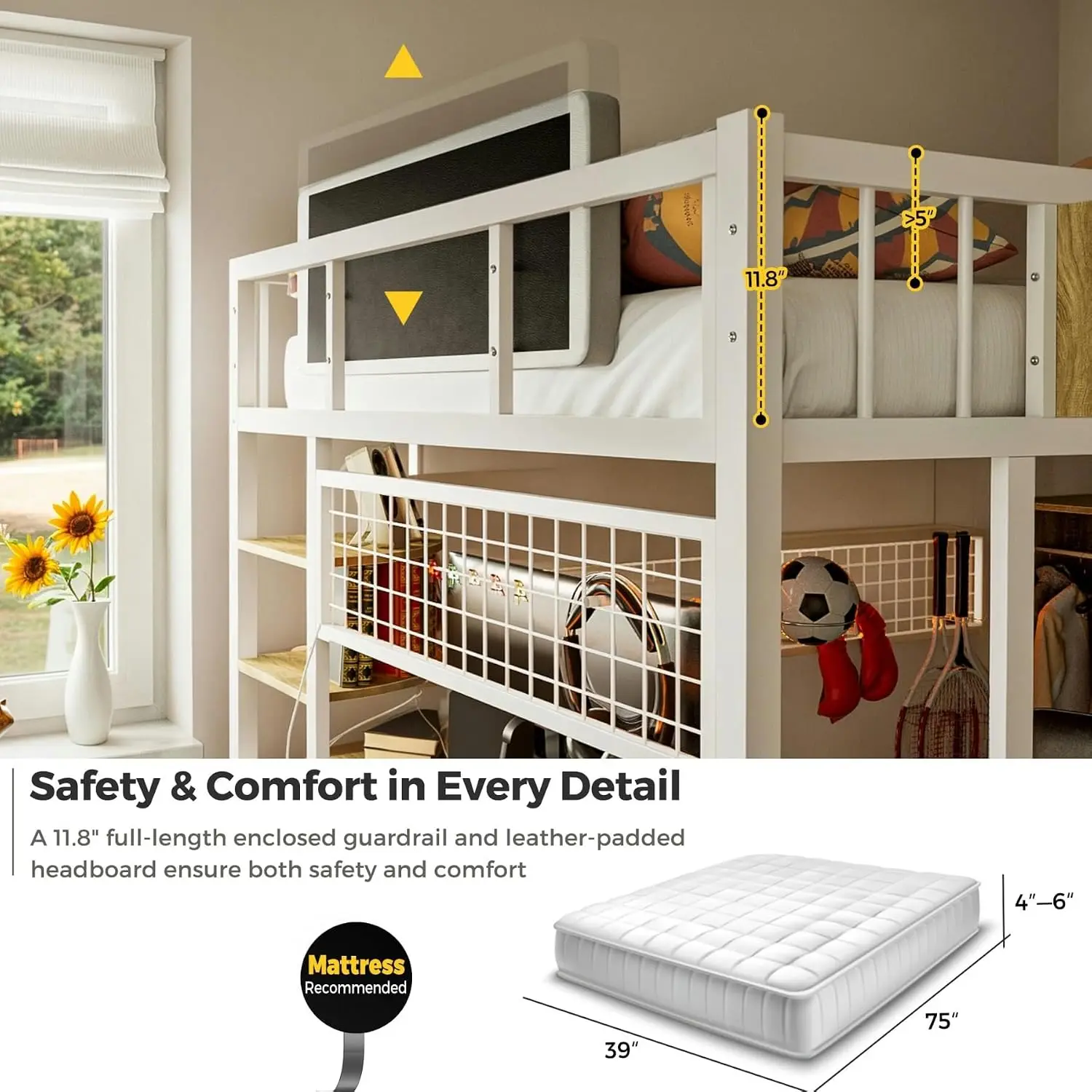 Kikihouse Twin Loft Bed with Desk, Storage Stairs & Wardrobe, Metal Loft Bed Frame w/Headboard, Bedside Shelf, Charging Station