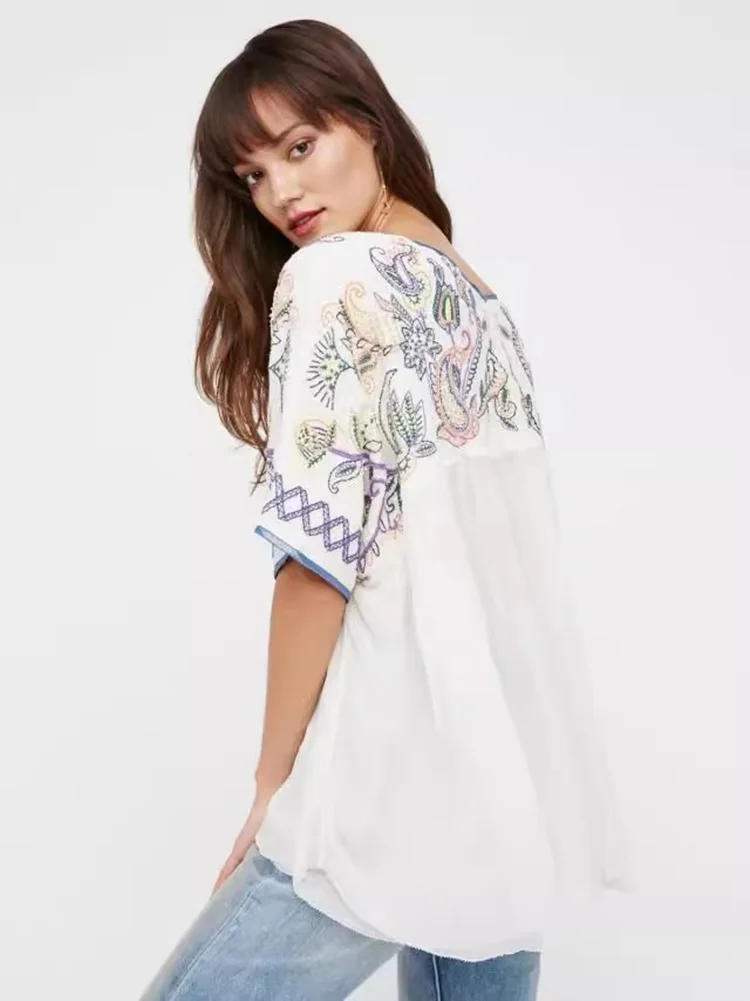 KHALEE YOSE Boho Floral Embroidery Blouse Shirt Cotton Loose White Flare Sleeve V-neck Women Vocation Ladies Blouse Top Blusa