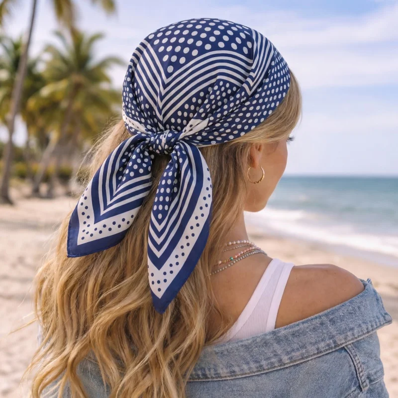 

Classic Square Silk Scarf Polka Dot Geometric Hijab UV Protection Sun Bandana Multi-use Neck Wrap Headscarf for Beach Vacation