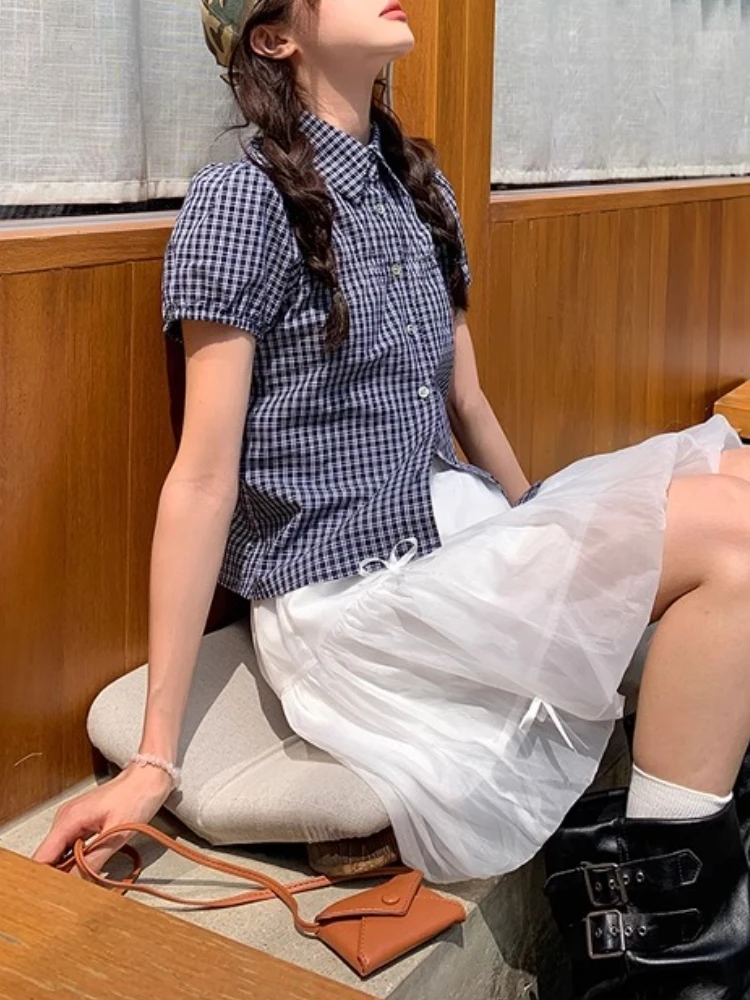 Ensemble t-shirt et Cardigan à manches bouffantes à carreaux japonais pour femmes, chemisier rétro décontracté, coupe ample, Vintage, tenue douce pour filles, été 2025