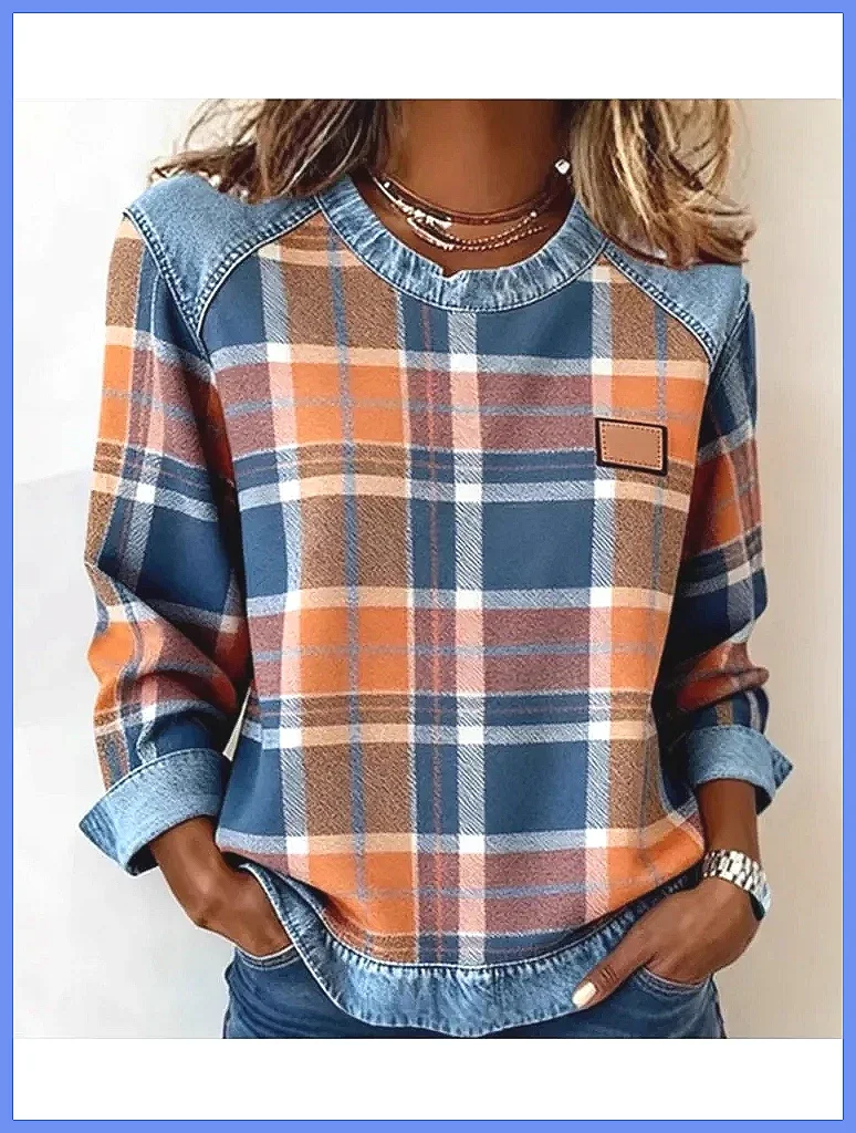 

Spring Autumn Women's Checkered Hoodie, Loose Fit Pullover, Versatile Office Wear, O-Neck Sweatshirt