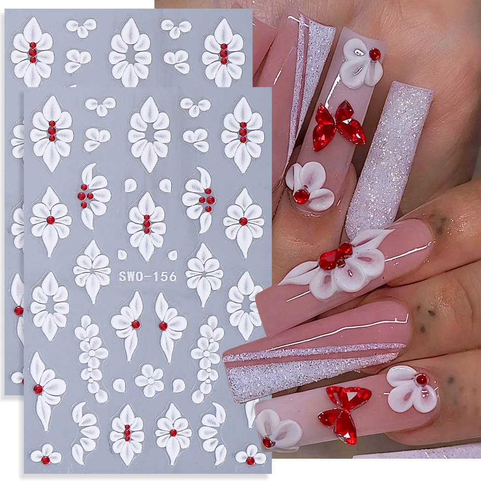 2 Stück geprägte weiße Blumen-Nagelaufkleber, niedliche Blütenblatt-Nagelschleifer für Hochzeiten, selbstklebende Nagelabziehbilder, DIY-Maniküre-Dekoration